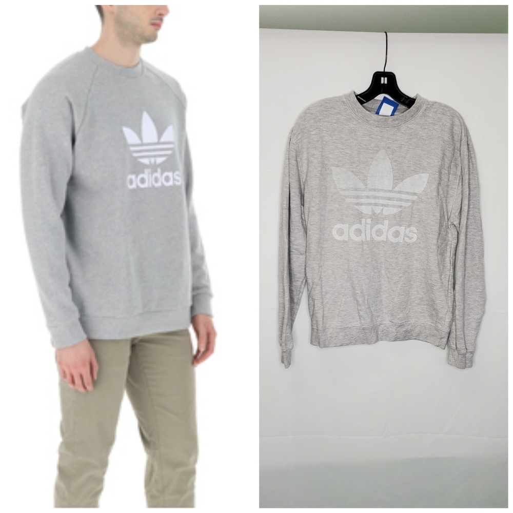 EUC Adidas Men's Gray Sweater with Oversized Logo on Front and Back Small